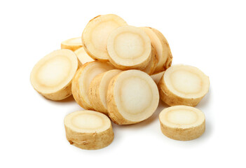 fresh ginseng  root slices on white background