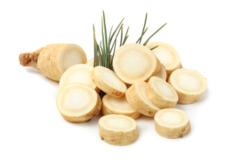 fresh ginseng  root slices on white background