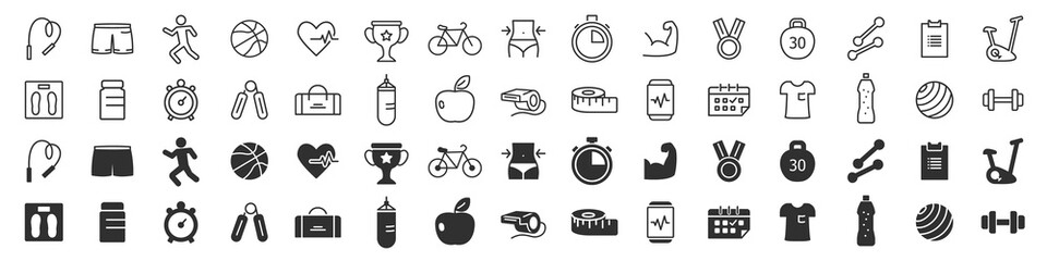 Fototapeta na wymiar Fitness and sport excellent icons collection in two different styles