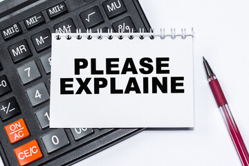 Text please explaine on NOTEBOOK. CALCULATOR, PENCIL on white background.