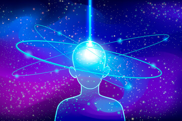Astral fusion with universe clipart. Silhouette of character who has reached cosmic awareness with blue star orbits and ray transition to alternative spheres of vector mind. © Богдан Скрипник