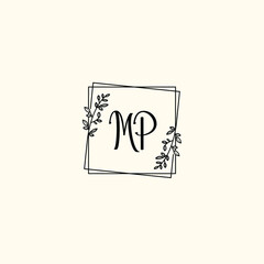 MP initial letters Wedding monogram logos, hand drawn modern minimalistic and frame floral templates