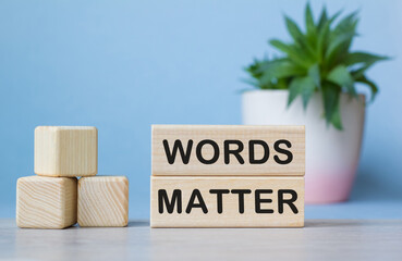 WORDS MATTER. The text is on the light cubes. Bright solution for business, financial, marketing concept