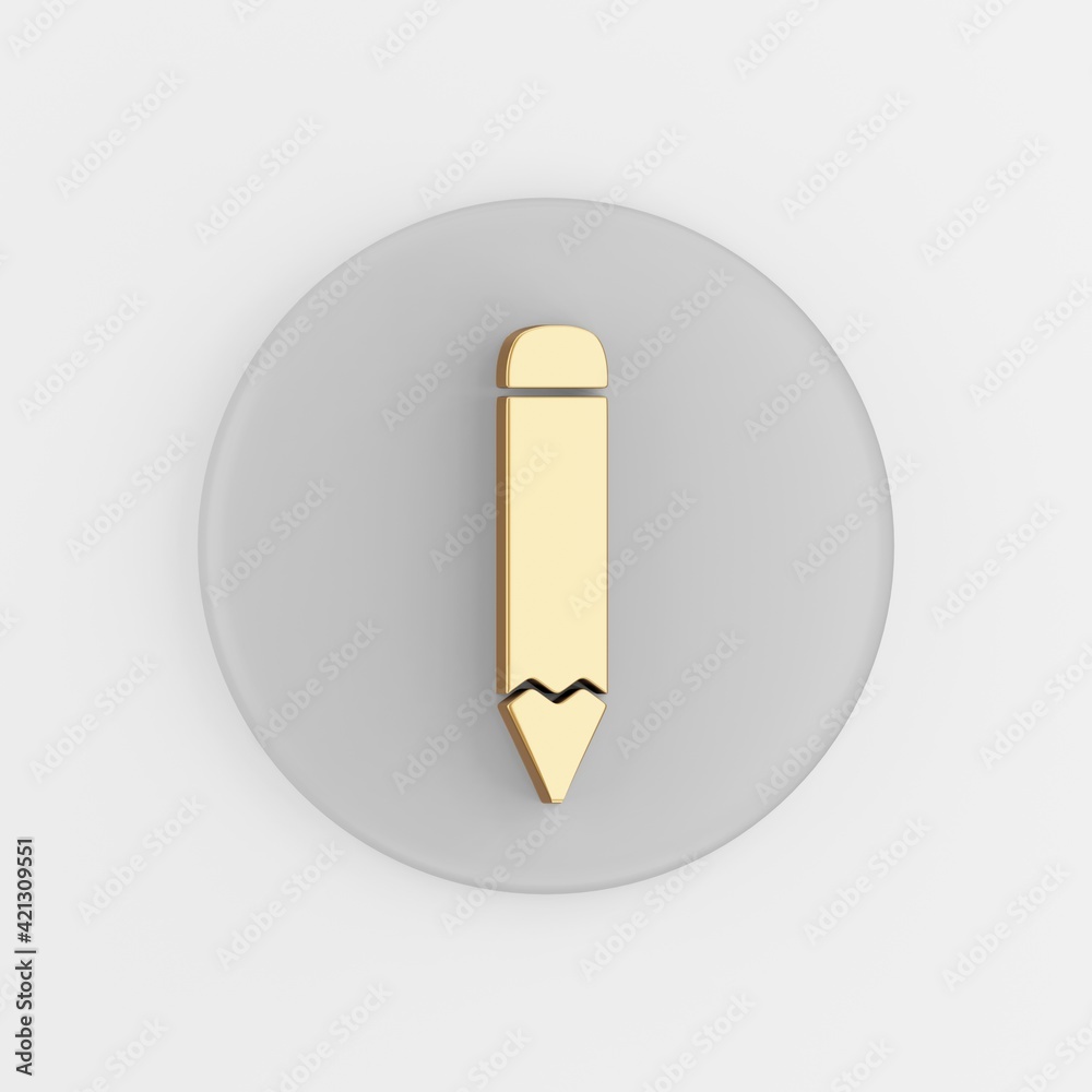 Poster gold pencil flat outline icon. 3d rendering round gray key button, interface ui ux element.