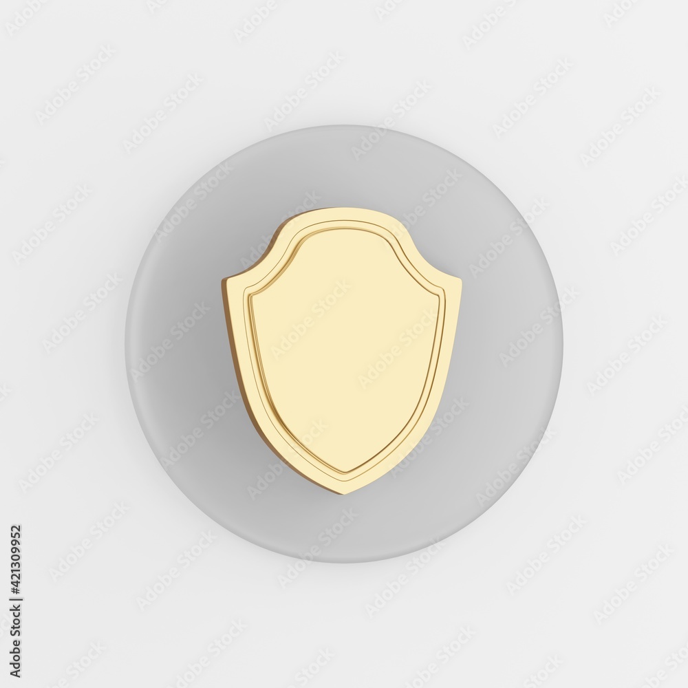 Poster golden shield icon. 3d rendering round gray key button, interface ui ux element.