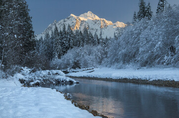USA, Washington State. Mount Shuksan seen from the Nooksack River valley in winter, North Cascades.