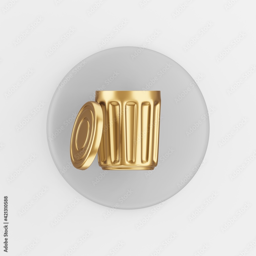 Poster gold trash can icon with lid. 3d rendering round gray key button, interface ui ux element.
