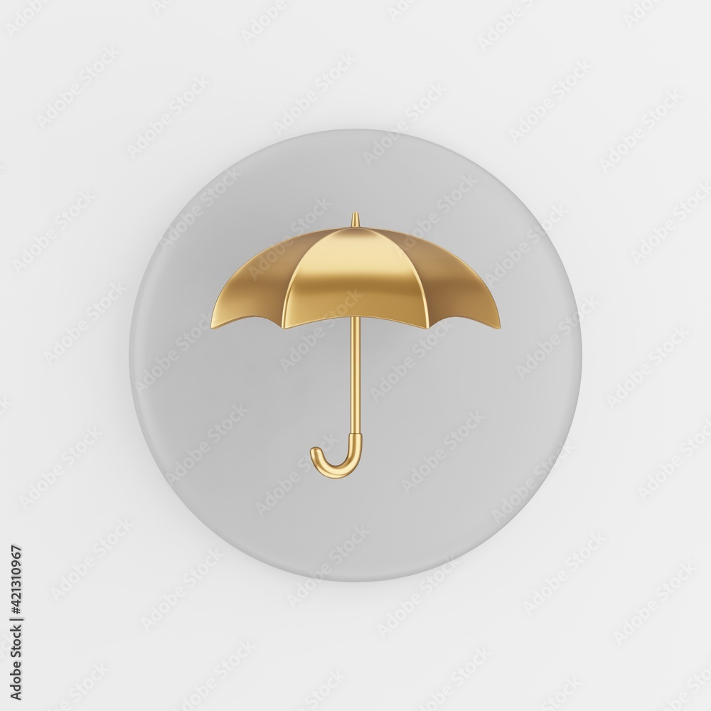 Poster golden umbrella icon. 3d rendering round gray key button, interface ui ux element.