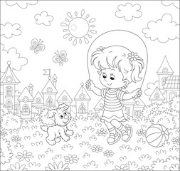Happy little girl jumping rope with her cute and merry pup in a summer park of a small town, black and white outline vector cartoon illustration for a coloring book page