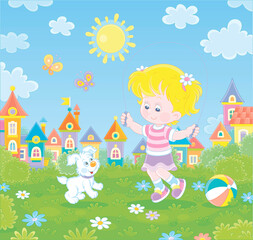 Obraz na płótnie Canvas Happy little girl jumping rope with her cute and merry pup in a green summer park of a small town, vector cartoon illustration