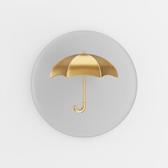 Golden umbrella icon. 3d rendering round gray key button, interface ui ux element.