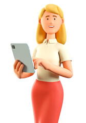 3D illustration of standing beautiful blonde woman holding tablet. Close up portrait of cartoon smiling attractive businesswoman in red skirt using social networking, isolated on white.
