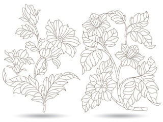 Set of contour illustrations in stained glass style with abstract flowers, dark outlines isolated on a white background