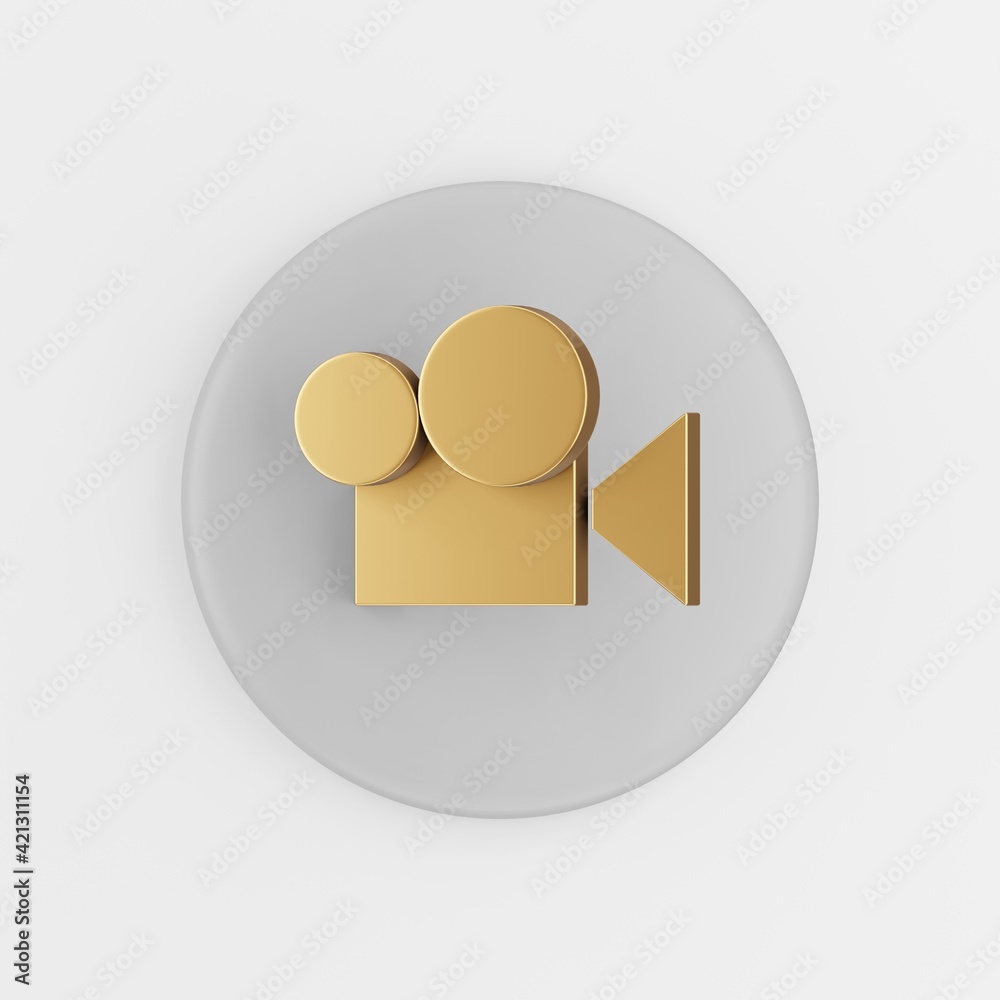 Poster icon gold digital video camera flat outline. 3d rendering round gray key button, interface ui ux ele