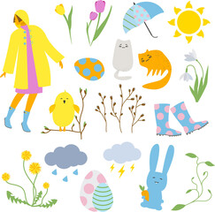 Spring Easter concept design, bunnies, eggs, flowers and cats in bright and sunny colors. Flat cute vector illustration set for stickers, greeting cards