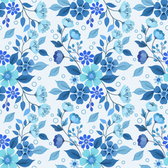Blue hand drawn flower seamless pattern background design for fabrics, textiles, gift wrapping, wallpapers, backgrounds, and backdrops.