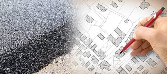 New asphalt paving on urban city roads - concept image with an imaginary city map
