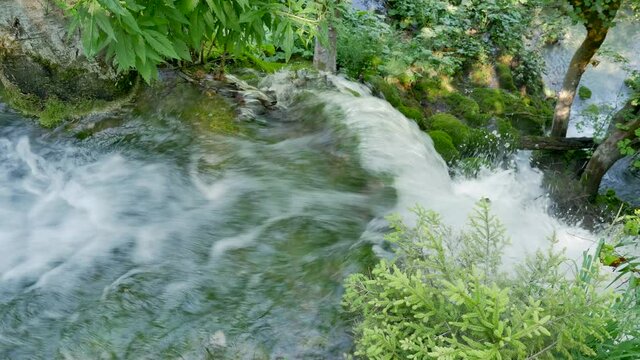 Small waterfalls among the trees on the Plitvice Lakes in the National Park in Croatia. Dense green spring deciduous forest. Mountain waterfall beats in small streams around a huge stone in the moss.