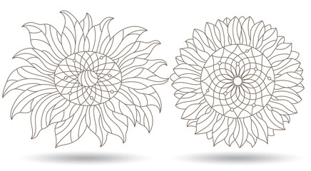 Set of contour illustrations in stained glass style with sunflower flowers, dark outlines isolated on a white background