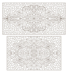 Set contour illustrations of stained glass with abstract swirls and flowers , horizontal orientation, rectangular images