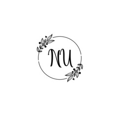 NU initial letters Wedding monogram logos, hand drawn modern minimalistic and frame floral templates