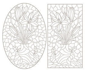 A set of contour illustrations in a stained glass style with floral still lifes and fruits, dark outlines on a white background