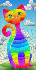 Illustration in stained glass style with abstract cute rainbow cat on a blue sky background with clouds, square image