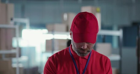 Portrait of cheerful bearded caucasian adult male postal office worker manager businessman smiling inside workspace. People and jobs. Employment.