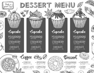 Restaurant dessert menu design. Decorative sketch of cupcakes and donuts. Sweet menu