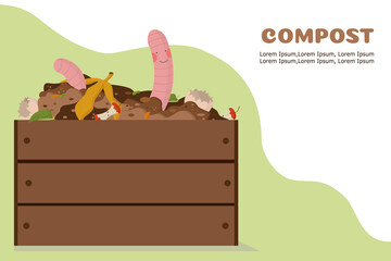 a worm in a compost wooden box is happy to recycle food waste. Organic recycling banner concept. Vector image.