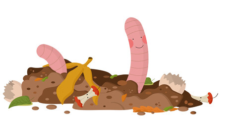 A cute worm with pink cheeks in the ground, next to it lies plant waste: banana skin, apple core, eggshell, peelings. concept of composting organic matter. organic farming. utilization of organic wast