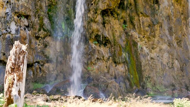 Small waterfall among the rocks on the Plitvice Lakes in the National Park.