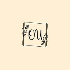 OU initial letters Wedding monogram logos, hand drawn modern minimalistic and frame floral templates