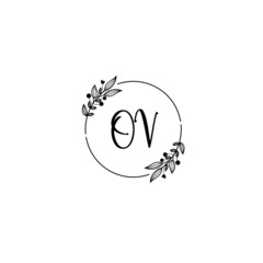 OV initial letters Wedding monogram logos, hand drawn modern minimalistic and frame floral templates