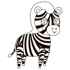 Cute black and white little smiling cartoon zebra. African contour striped horse for children`s graphic design, coloring book. Vector.
