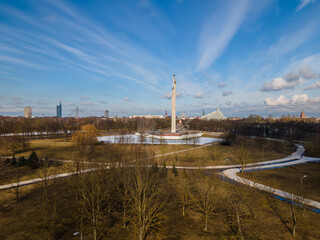 Fototapeta premium World War II Victory Monument to Soviet Army in Riga. Victory park in Riga, Latvia. Victory monument. View from drone
