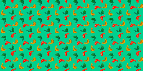 Seamless repeating pattern of marmalade food dolphins. Banner or wallpaper of edible sea animals on a green background.