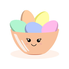 Easter. Painted chicken eggs in a plate in pastel colors. Kawaii plate. Cute illustration for holiday cards, kitchen textiles, social media posts. 