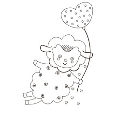 Cute black and white children's cartoon illustration of a little lamb flying with a heart-shaped balloon in a Scandinavian style. For coloring book or page. Vector.