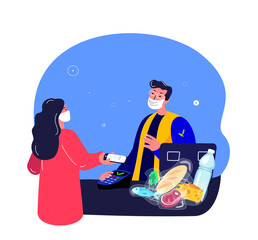 COVID,Coronavirus Epidemic Quarantine.Young Woman in Face Mask Shopping in Supermarket.Consumerism, Checkout.Buy Food, Meal,Purchase Meat,Fish, Cheese. Buyer Pay via Terminal. Flat vector illustration