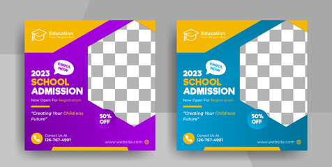 school college students admission social media post flyer and web banner template, online education and high school promotion cover layout flyer