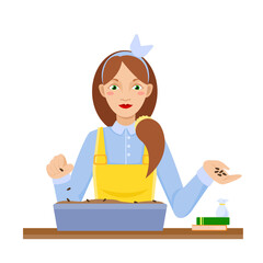 Girl planting seeds. Home gardening and hobby. Vector cartoon character spring seedling. Vector isolated illustration.