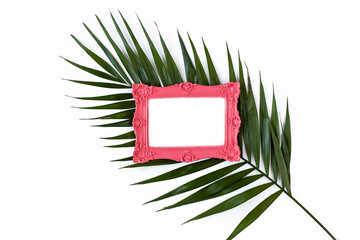 Vintage photo frame on tropical palm leaf flat lay.