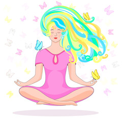 Fototapeta na wymiar A woman meditates in nature . The lotus position. Butterflies fly. Concept illustration for yoga, meditation, relaxation, relaxation, healthy lifestyle. Vector