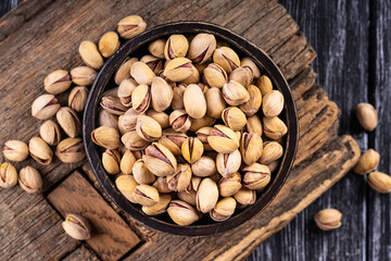 Organic pistachios. Pistachios in shell. Food background.