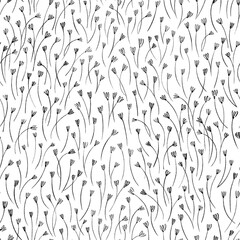 Seamless pattern of simple graphic wildflowers and leaves isolate on white background.