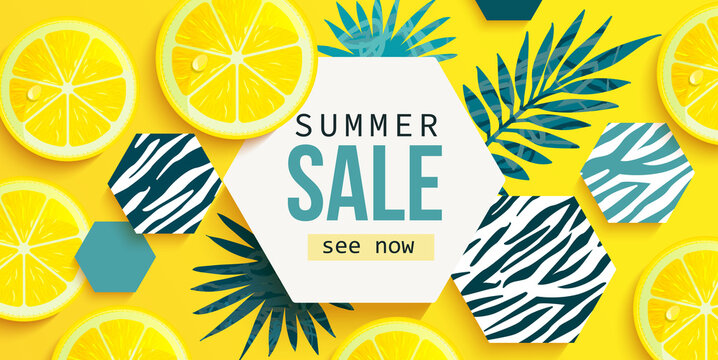 Summer sale horizontal banner with fresh lemon, tropical leaves and hexagons with animal zebra print. Bright tasty poster, flyer with invitation for shopping. Template offer of discounts deals.Vector