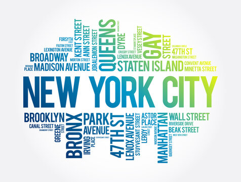 List of streets in New York City, word cloud collage, business and travel concept background