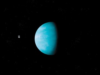 blue planet in deep space with asteroid, alien planet has satellite, space background. 