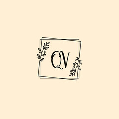 QV initial letters Wedding monogram logos, hand drawn modern minimalistic and frame floral templates